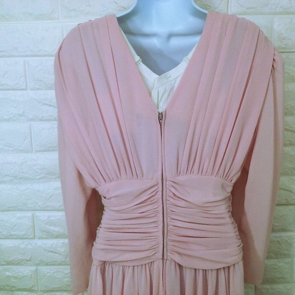 Vintage 90s Abby Kent Cocktail Dress -10 Ruched Crepe Embellished Fullskirt Pink - Picture 8 of 11